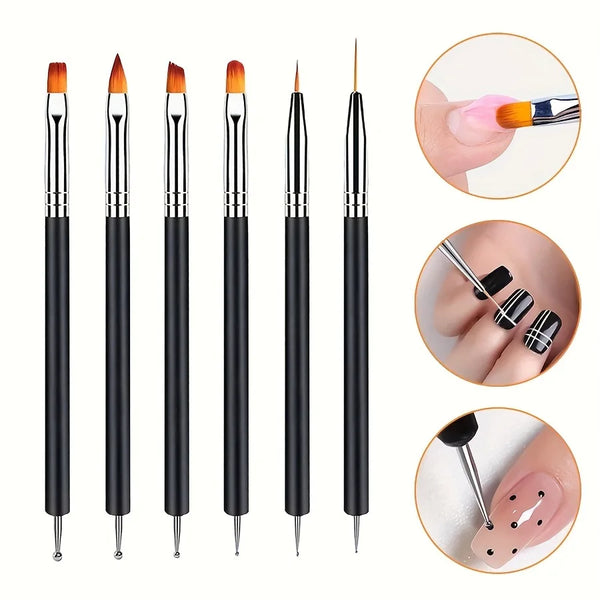 Set professioneller Doppeltip-Nagelpinsel in Schwarz und Orange, mit Nahaufnahmen der Spitzen und Anwendung.