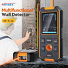 A handheld multi-functional wall detector device is shown next to a brick wall, demonstrating its use for scanning.