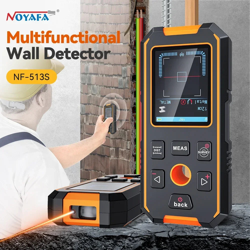 A handheld multi-functional wall detector device is shown next to a brick wall, demonstrating its use for scanning.