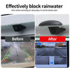 A before and after comparison showing a car's rear camera protected by a rain cover, demonstrating clear visibility even in r