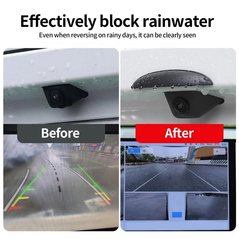A before and after comparison showing a car's rear camera protected by a rain cover, demonstrating clear visibility even in r
