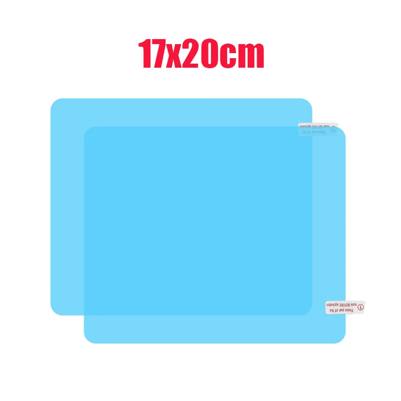 A rectangular blue film for car mirrors with anti-fog and anti-reflective coating.