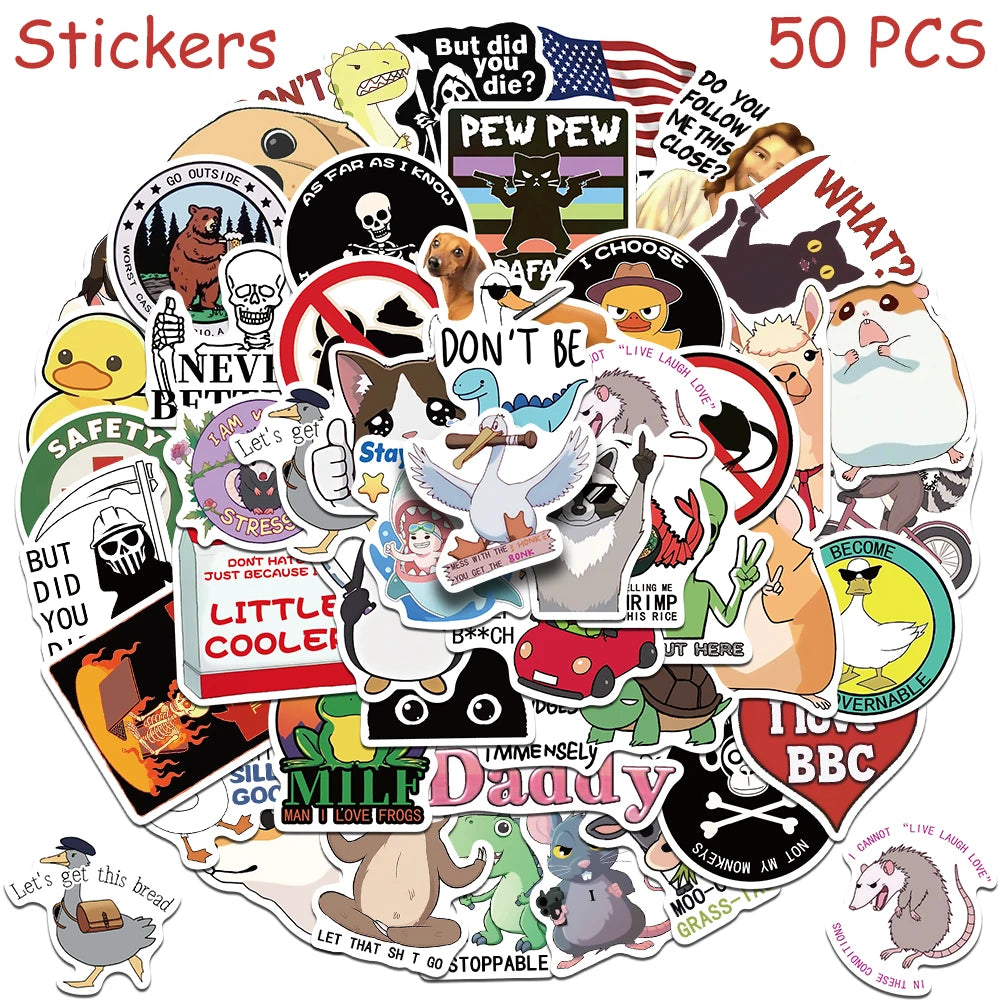 A collection of funny cartoon meme vinyl stickers featuring various characters and text