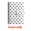 White PU leather binder wallet with black polka dots and a protective flap.