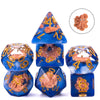 A set of six blue resin dice shaped like animals for tabletop role-playing games