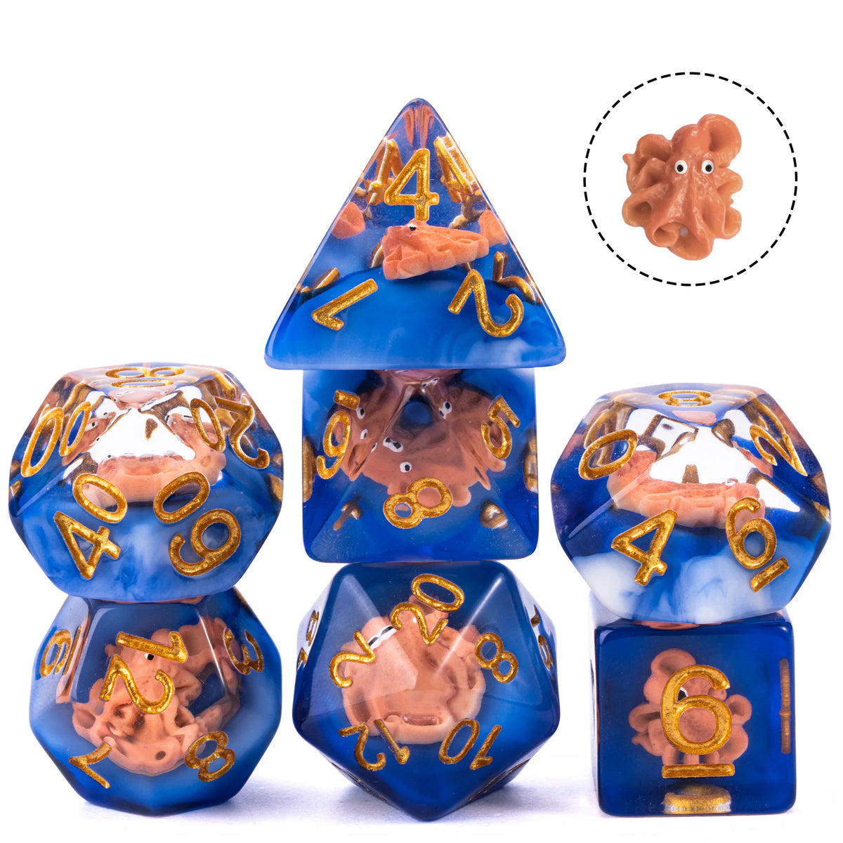A set of six blue resin dice shaped like animals for tabletop role-playing games