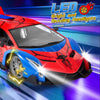 A red and blue spider-themed RC supercar with bright LED headlights in motion.