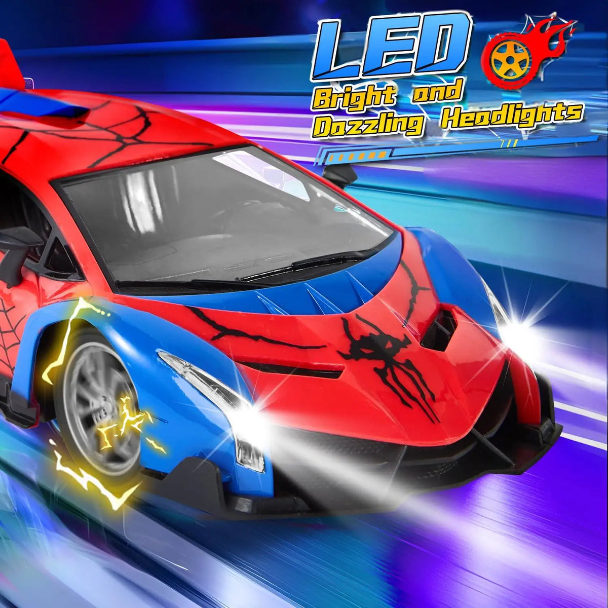 A red and blue spider-themed RC supercar with bright LED headlights in motion.