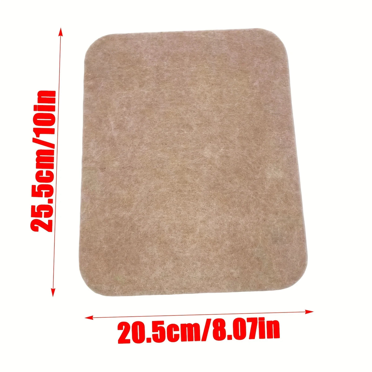 A rectangular brown wool felt ironing mat with dimensions 25.5cm by 20.5cm.