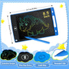 A black LCD writing tablet for kids showing a dinosaur drawing, with accessories like an eraser and lock key.