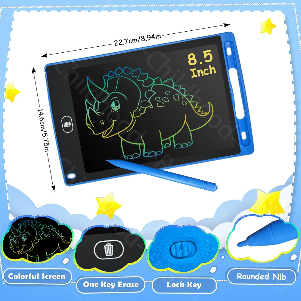 A black LCD writing tablet for kids showing a dinosaur drawing, with accessories like an eraser and lock key.