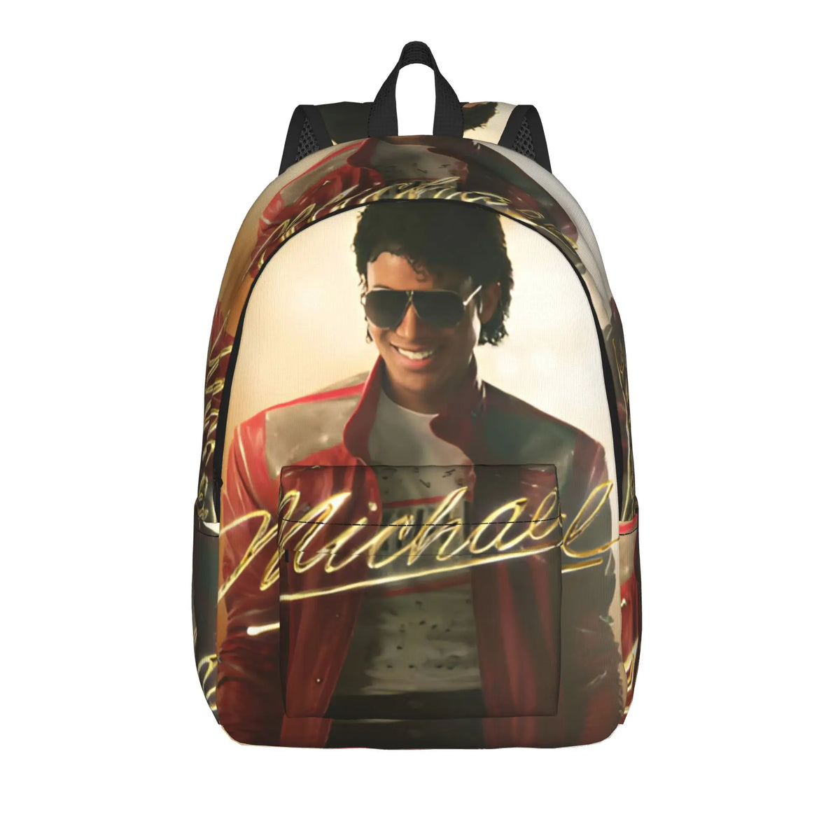 A backpack featuring a portrait of Michael Jackson on the front.