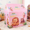 A pink foldable play castle tent featuring wildlife characters and a jungle theme for indoor or outdoor adventure.