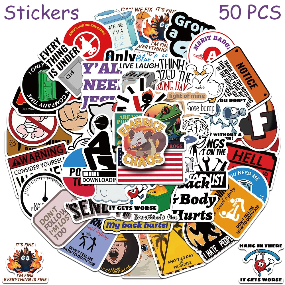 A collection of 50 funny cartoon meme vinyl stickers featuring various humorous text and illustrations.