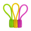 A pack of three brightly colored silicone magnetic cable ties in lime green, yellow, and purple.