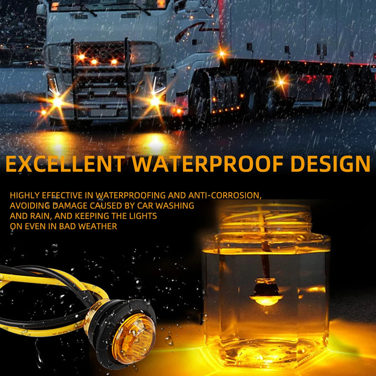 A close-up of a round LED side marker light illuminating water droplets, demonstrating excellent waterproof design.
