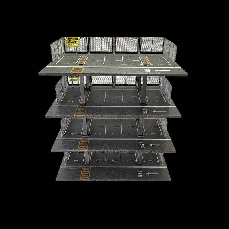 A 1:64 scale miniature garage diorama kit featuring multiple levels and lighting elements.