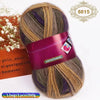 A ball of gradient dyed wool blend yarn in various shades including brown, purple, and green.