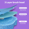 A close-up view of a 3 layer brush head with cleaning liquid, cloth, and sponge layers on a purple background.
