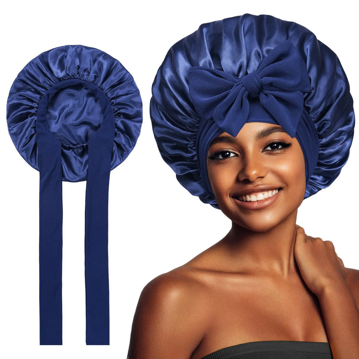 A woman models a royal blue satin silk sleep bonnet, showing the fabric and design.