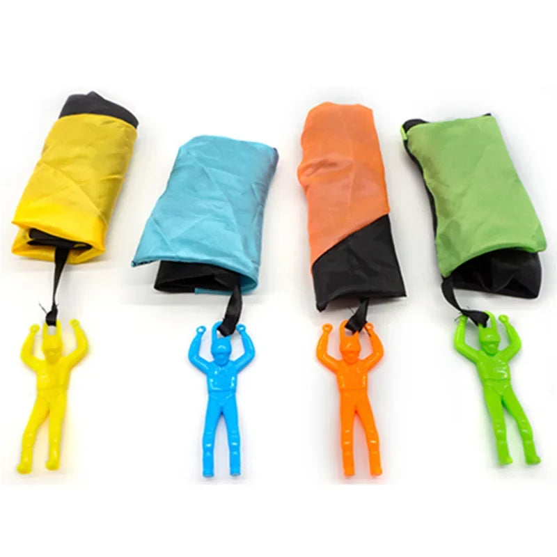 Hand-throw parachute toy with mini soldiers in yellow, blue, orange, and green colors for outdoor play