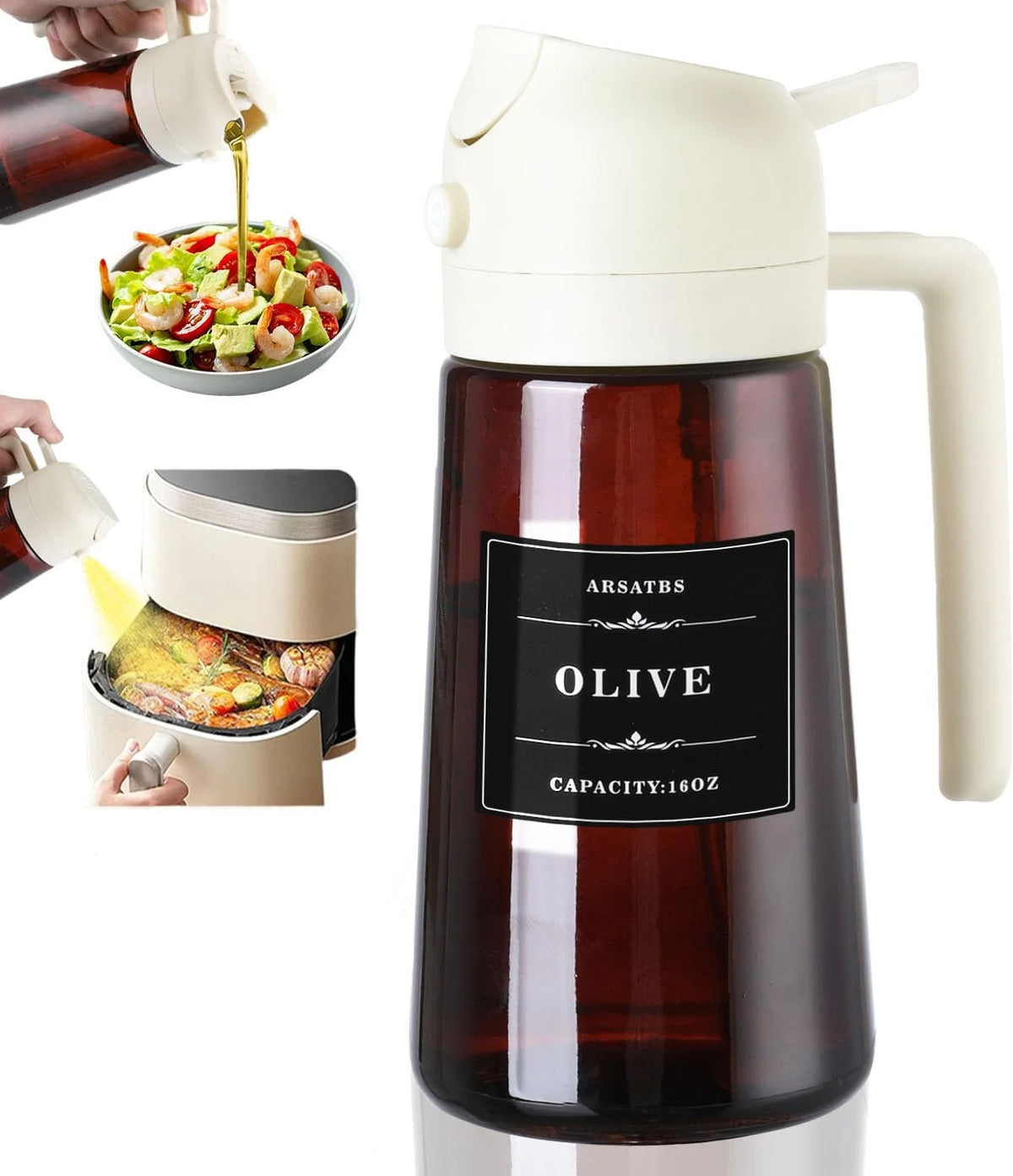 A dark glass oil dispenser with a white pump and sprayer, shown alongside food preparation examples.