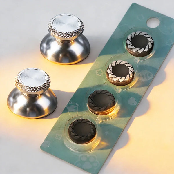 Aluminum thumbstick grips for PS5 controller, showing various sizes and finishes.