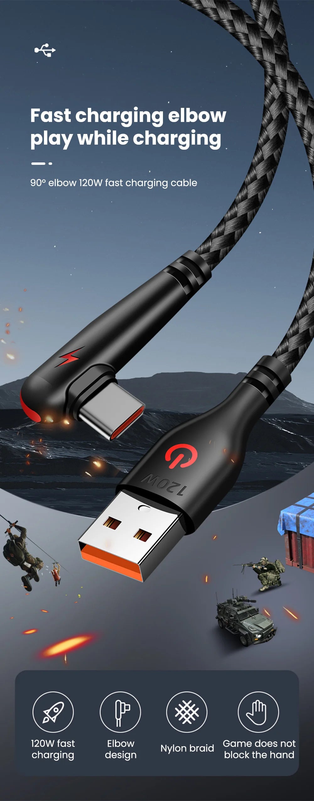 120W Fast Charging USB-C Cable with 90° Elbow Design