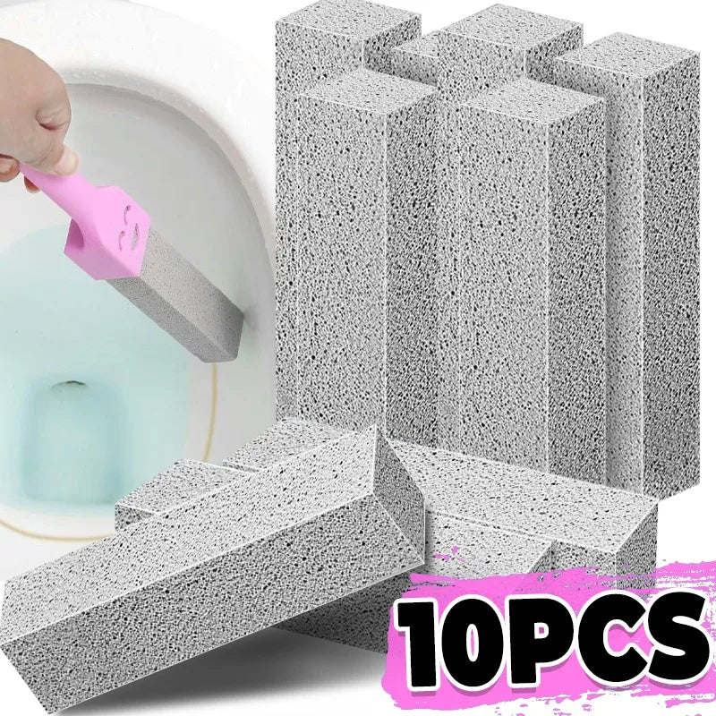 A set of ten gray pumice stone cleaning sticks for stain removal shown next to a hand using one stick.