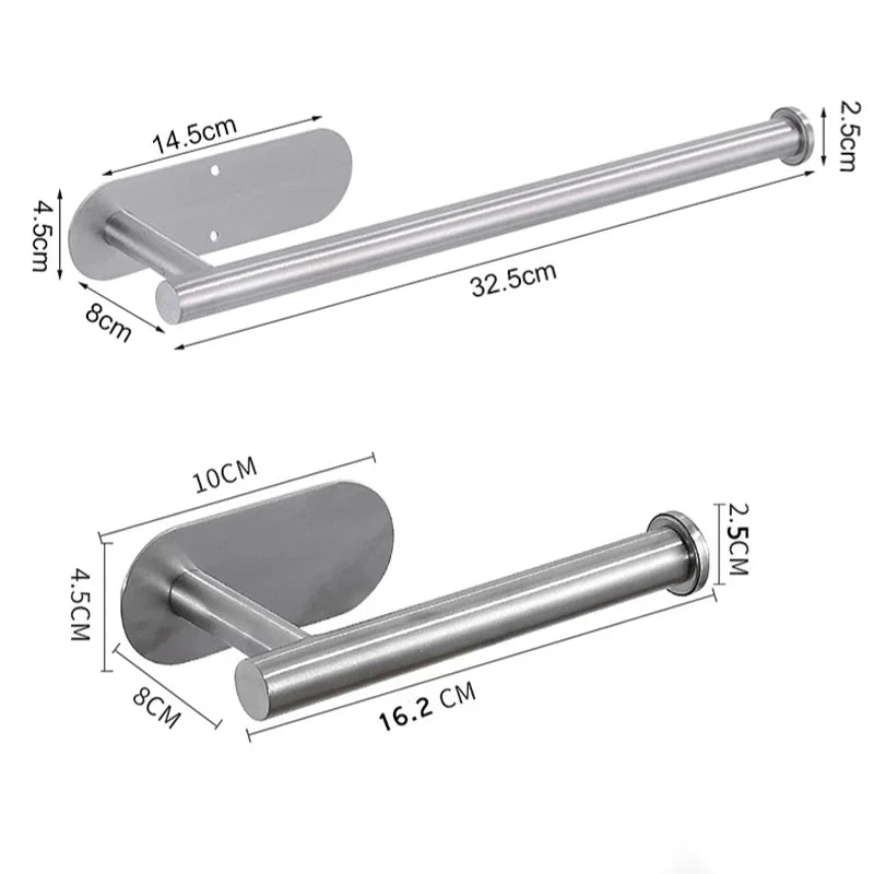 Stainless steel wall-mounted paper towel holder with a flat plate and a cylindrical rod.