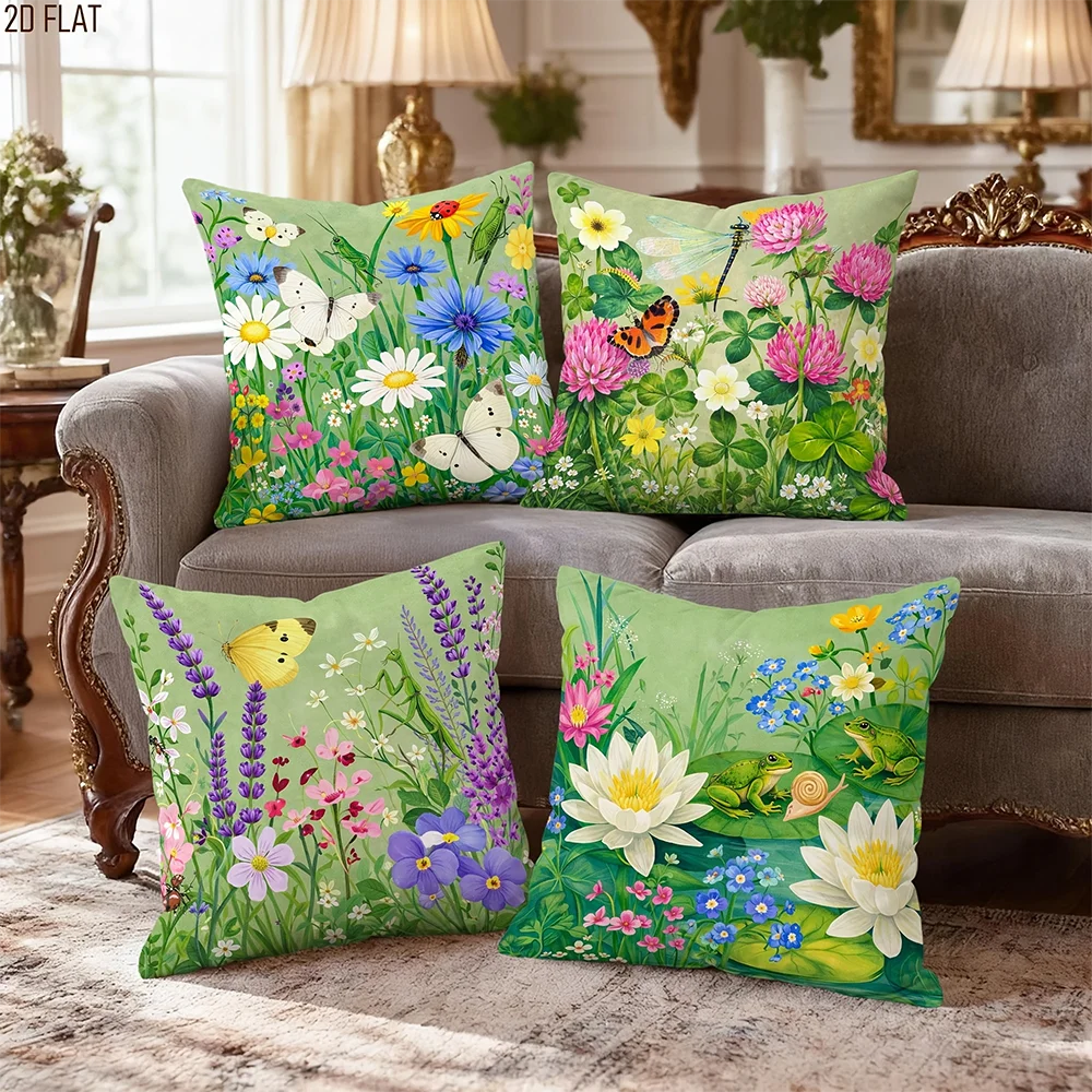A collection of five floral throw pillows featuring various wildflowers in shades of green, pink, yellow, and purple on a gra