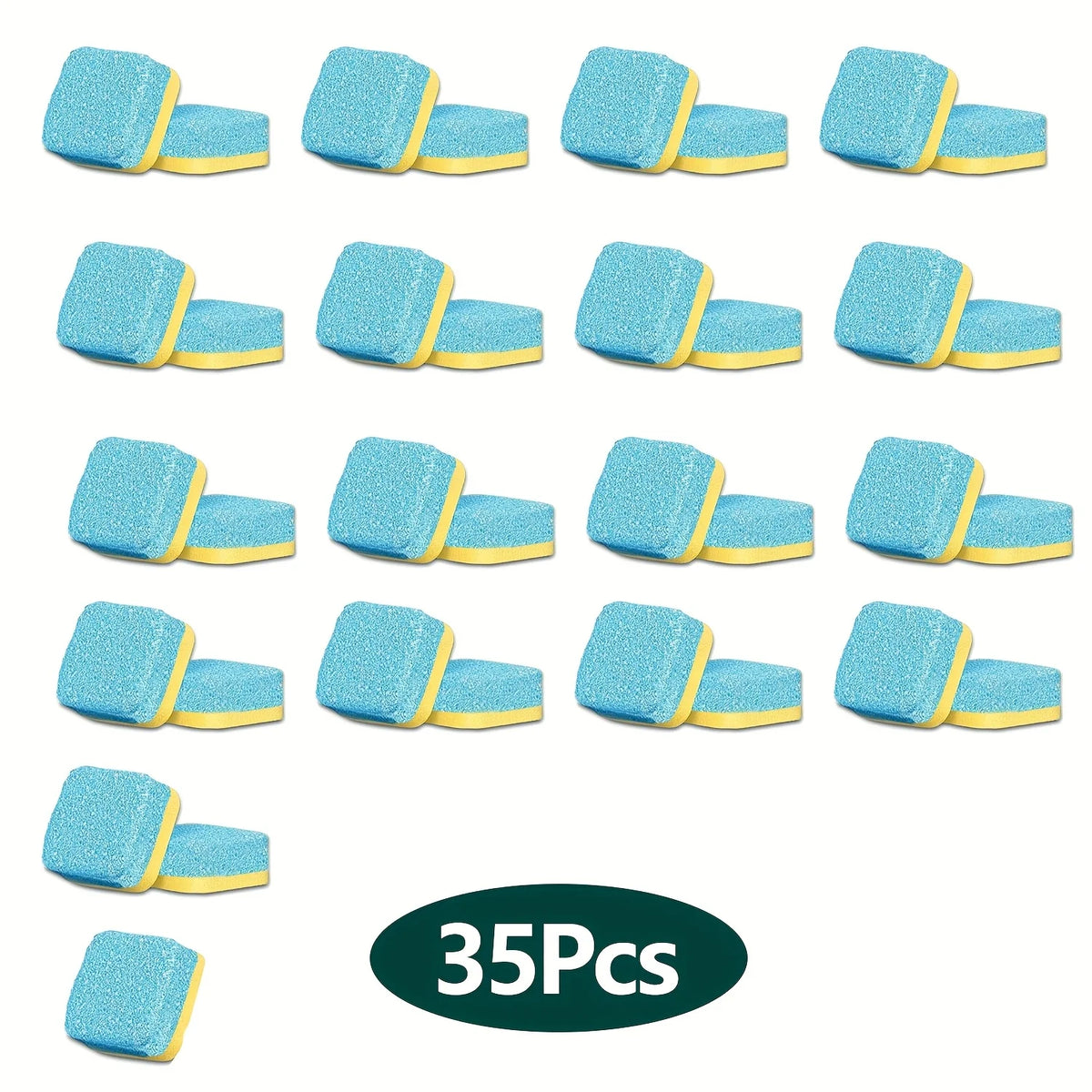 A collection of 35 blue lemon scent washing machine cleaner tablets in various shapes and angles.
