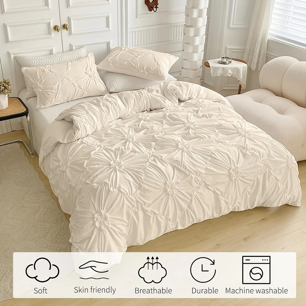 Beige Three-Dimensional Floral Duvet Cover Set