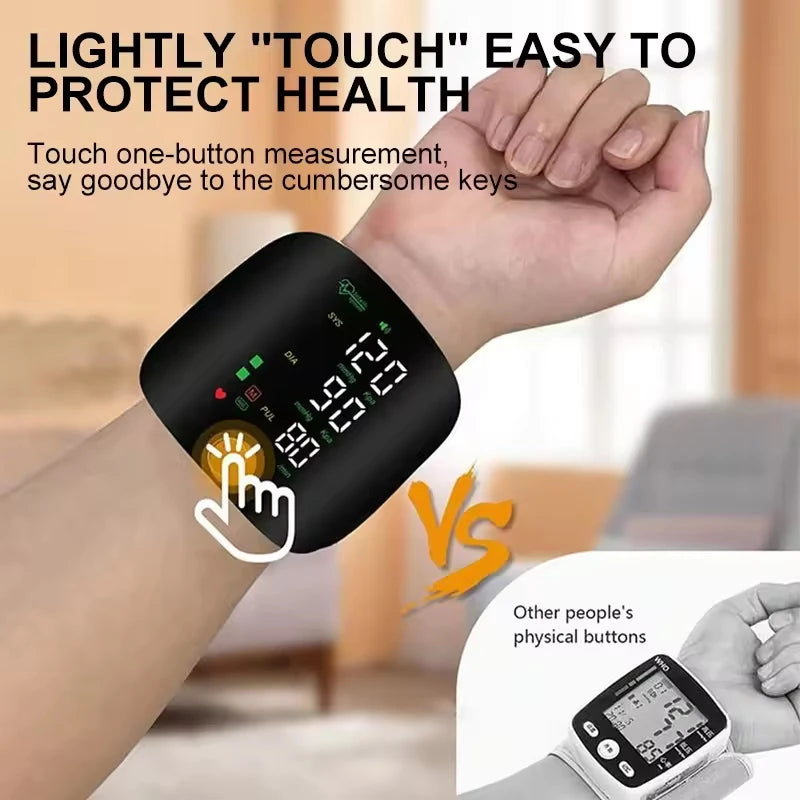 A hand is touching a black wrist device for measurement, demonstrating the easy use of a portable automatic blood pressure mo