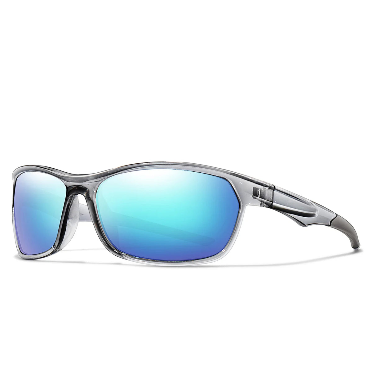 A pair of polarized sports sunglasses with blue mirrored lenses and gray frames.
