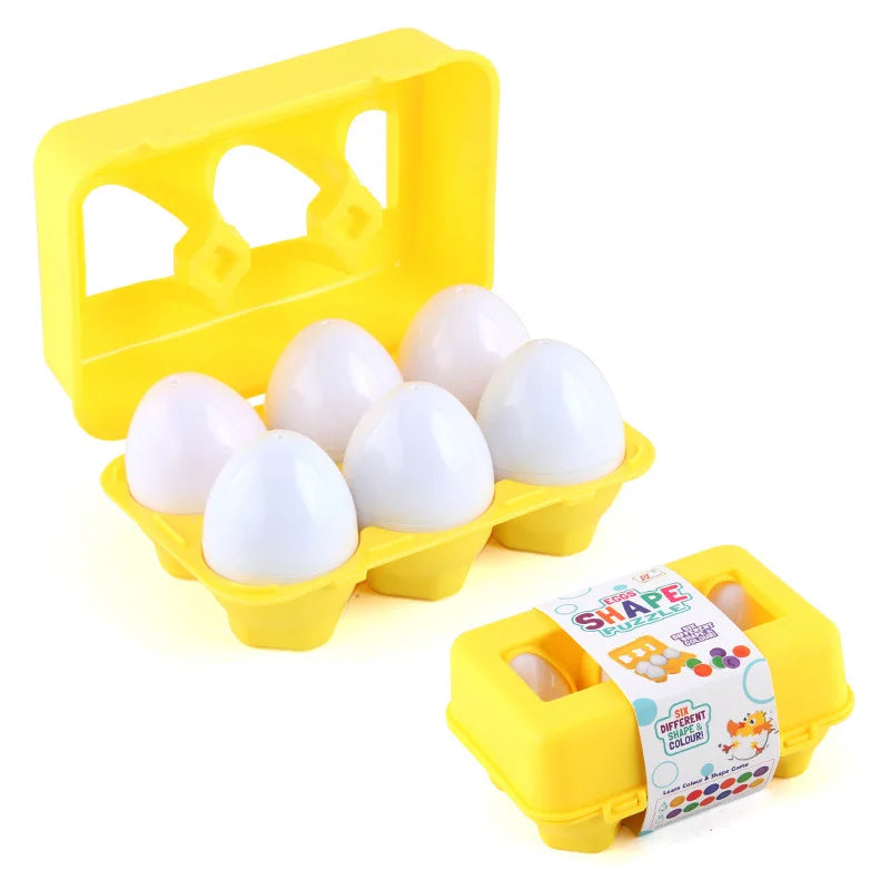 Yellow plastic egg sorter with multiple white eggs for a Montessori toy
