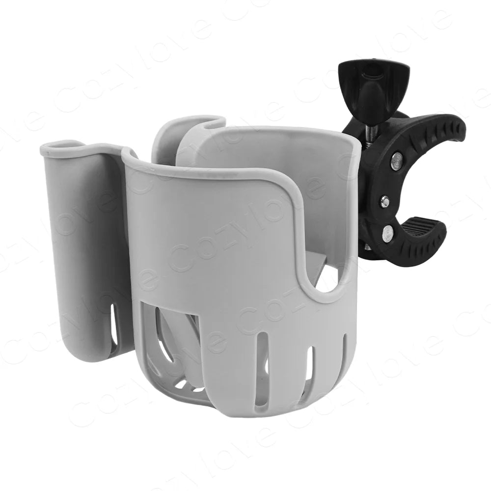 A gray 2-in-1 stroller and bike cup holder with a phone slot mounted on a clamp.