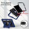 A tri-layer safe guarding system for an iPad featuring a frame, back shell, and silicone skin with a nylon strap.