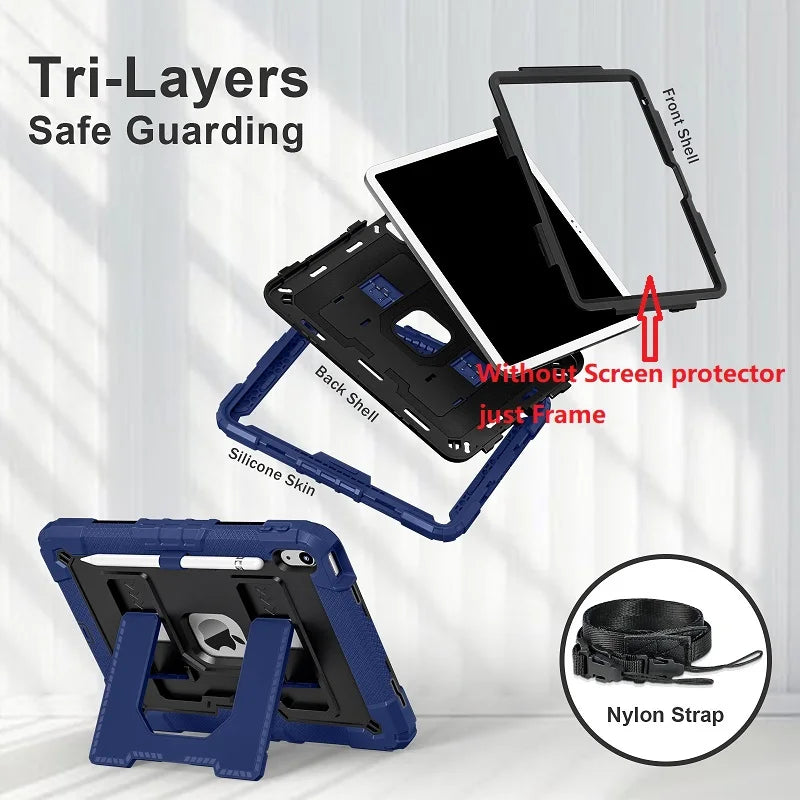 A tri-layer safe guarding system for an iPad featuring a frame, back shell, and silicone skin with a nylon strap.