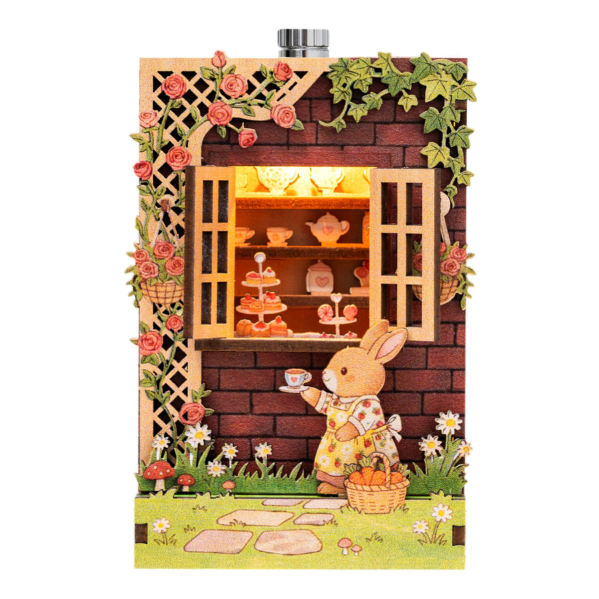 A DIY book nook fridge magnet kit featuring a brick facade, greenery, and a rabbit character with LED lighting.