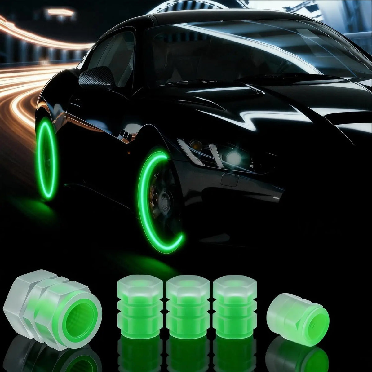 A set of ten glow-in-the-dark green tire valve caps displayed on a reflective surface.