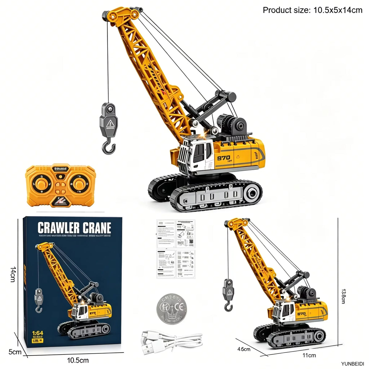 A yellow 1:64 scale remote control crawler crane with a trailer and Bluetooth app control.