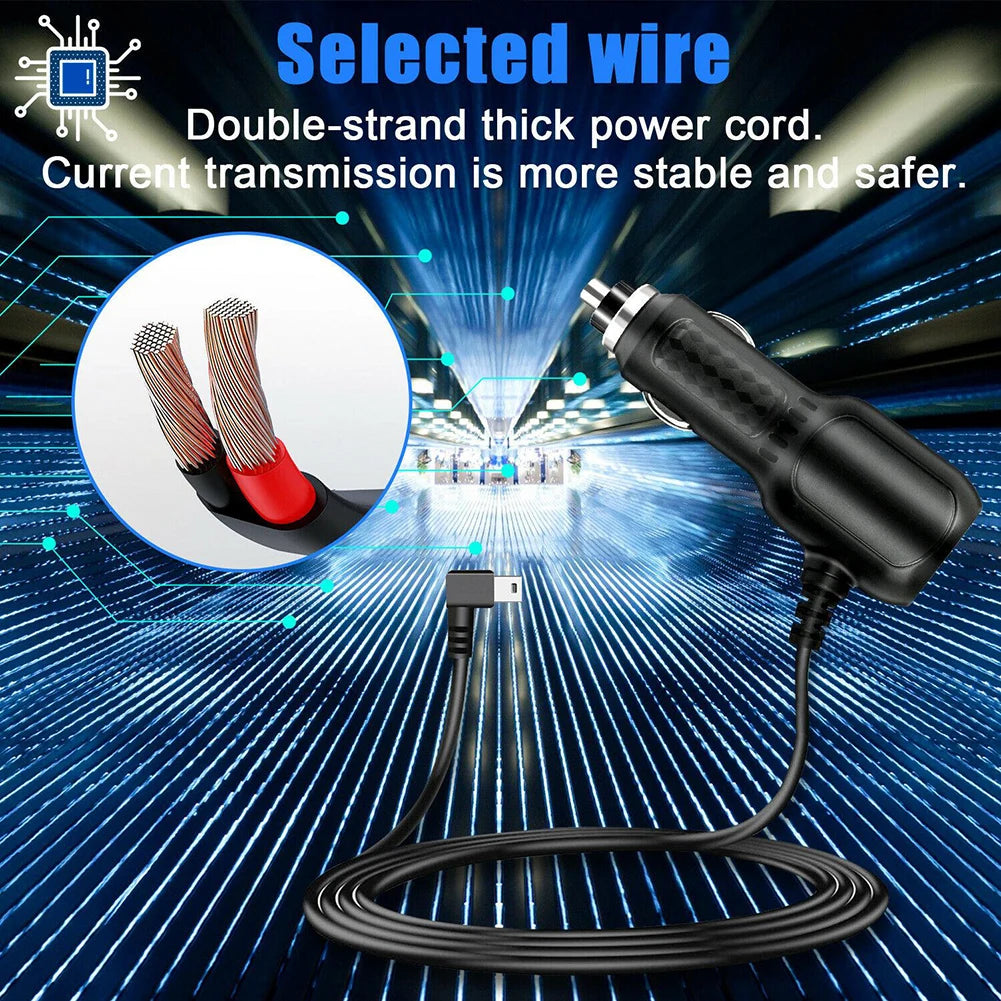 A black double-strand thick power cord is shown connected to a USB car charger and cable.