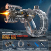 A transparent gray Z-lock ring version of a space fire-fighting water gun with an attached filter hose and battery.