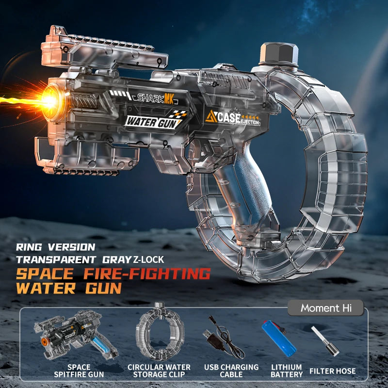 A transparent gray Z-lock ring version of a space fire-fighting water gun with an attached filter hose and battery.