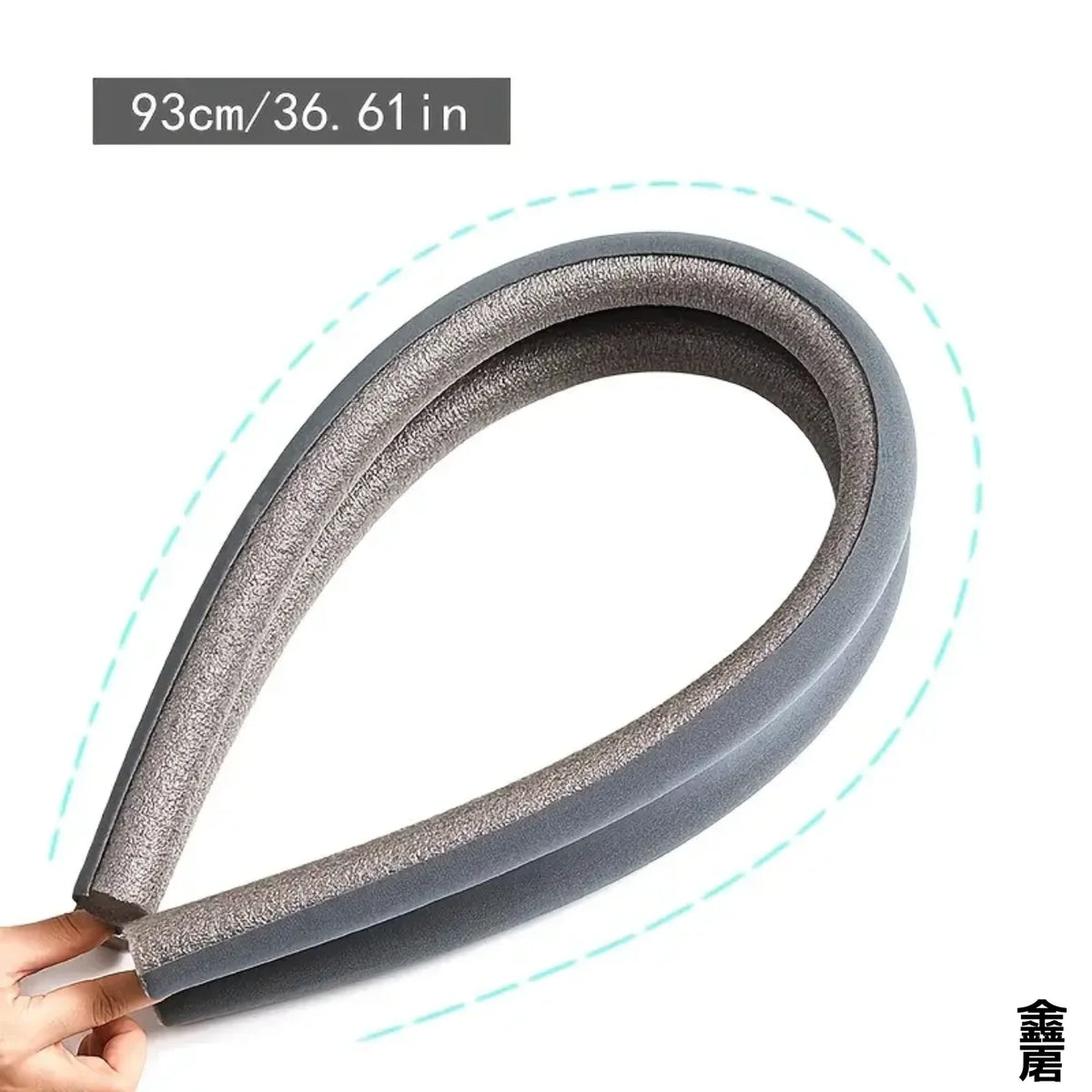 A gray door and window sealing strip, 93cm long, shown in a curved view.