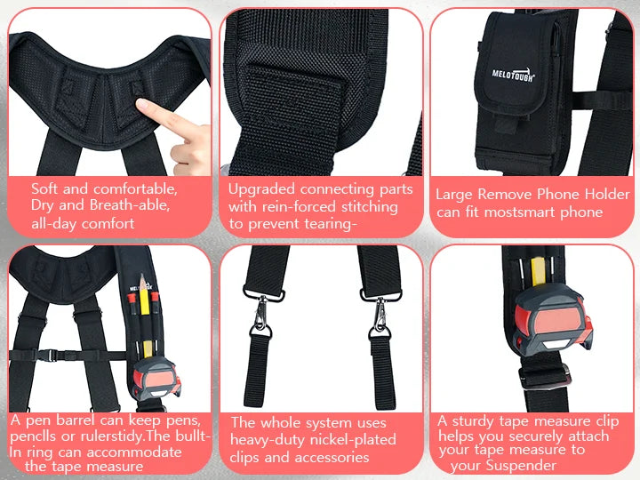 Work Suspenders with Detachable Phone Holder and Tool Belt Support