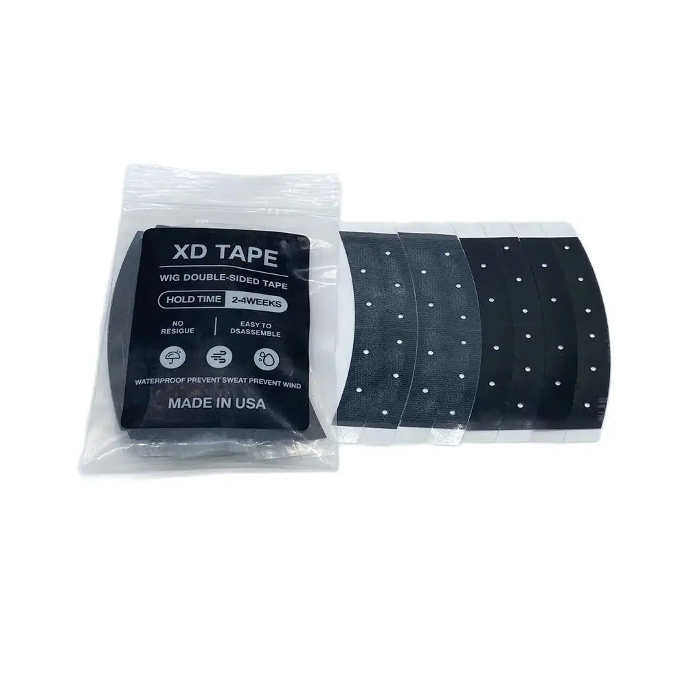 Pack of black perforated lace front wig tape with instructions and a label indicating it is made in the USA