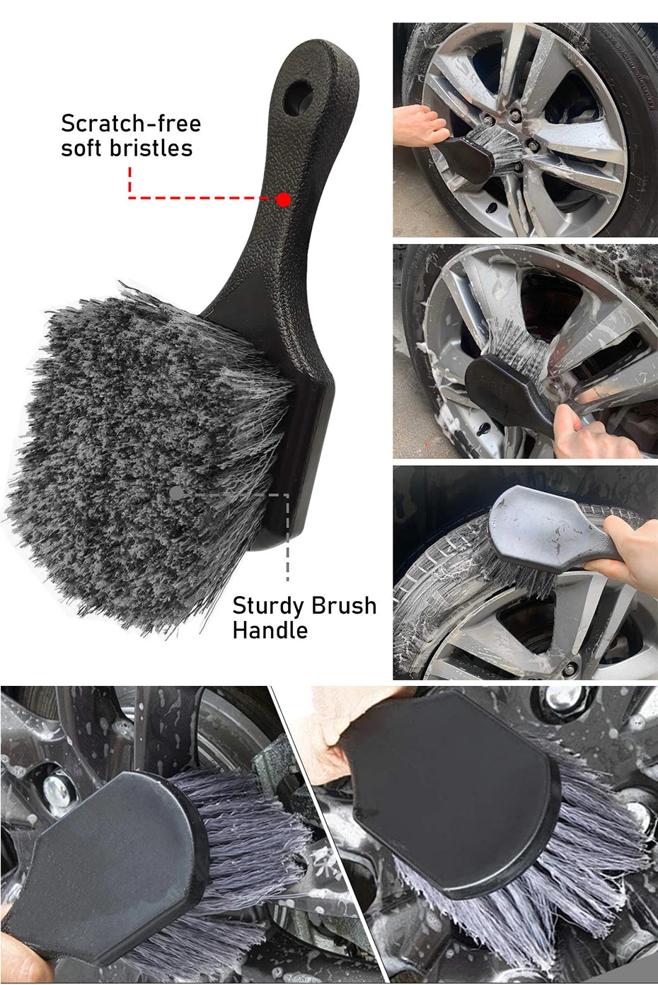 A black scratch-free soft bristles brush with a sturdy handle used for car cleaning.