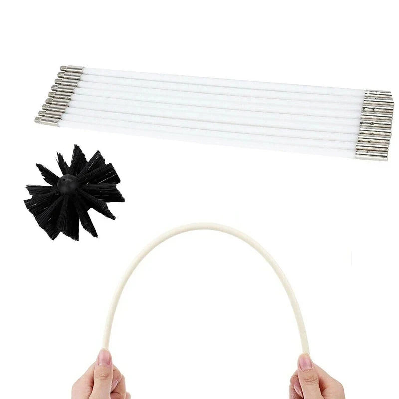 A flexible chimney and dryer vent cleaning brush kit showing a long white brush and a curved white cleaning tool being held.